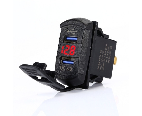 Dual USB charger socket power USB; 2x3.0A + voltmeter; red; square