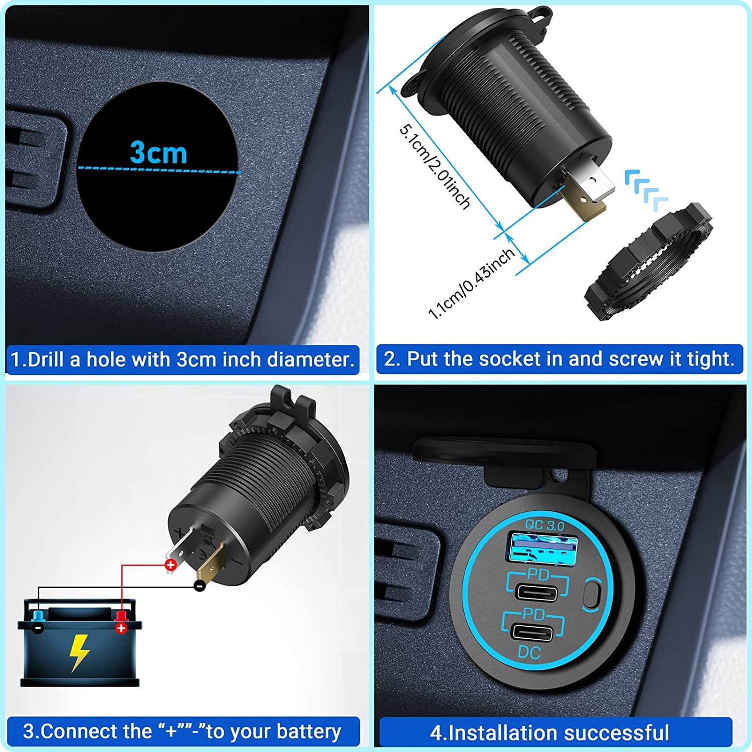 Ładowarka samochodowa USB 3.0 + 2x TYP C