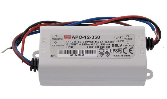 Zasilacz pr&#261;dowy jednowyj&#347;ciowy do LED APC-12-350, 12.6W, 9-36V/350mA