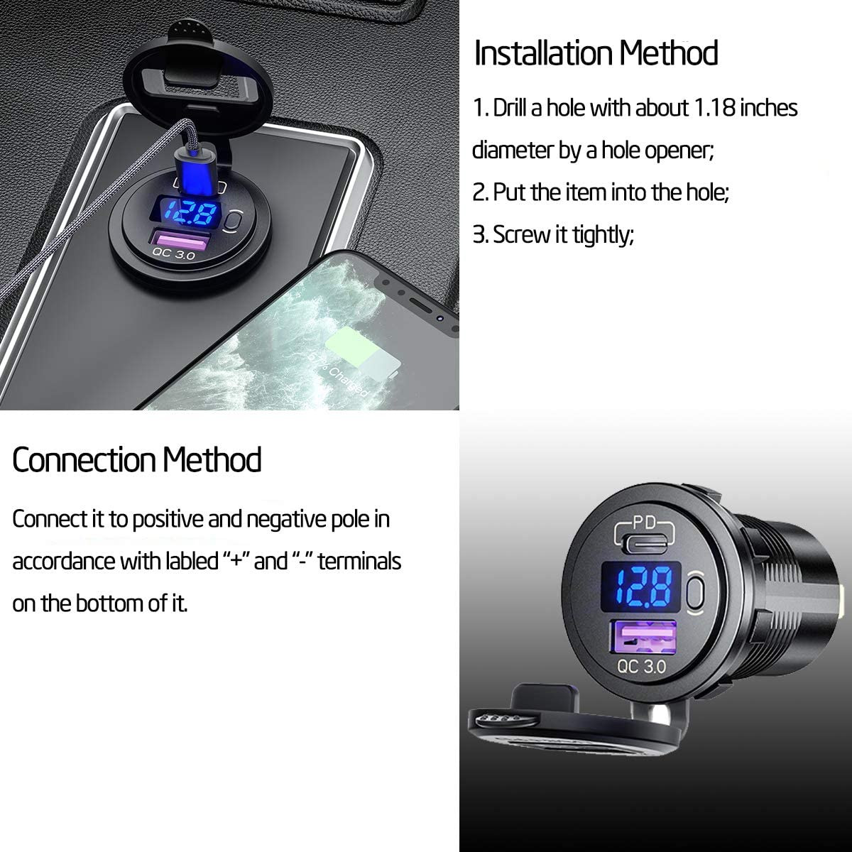 Autoladegerät USB 3.0 + Typ-C-Voltometer