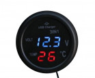 3-in-1-USB-Autoladegeräte, Temperatur. Thermometer und Voltmeter; Blau Rot
